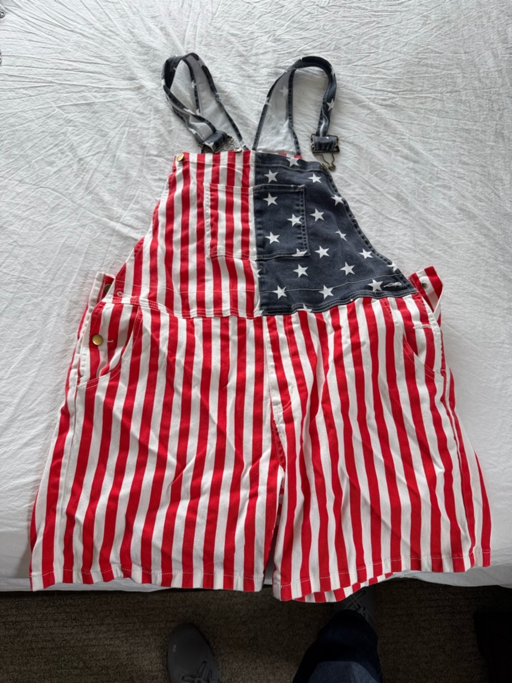 American Flag Print Denim Short Overalls - Stars & Stripes